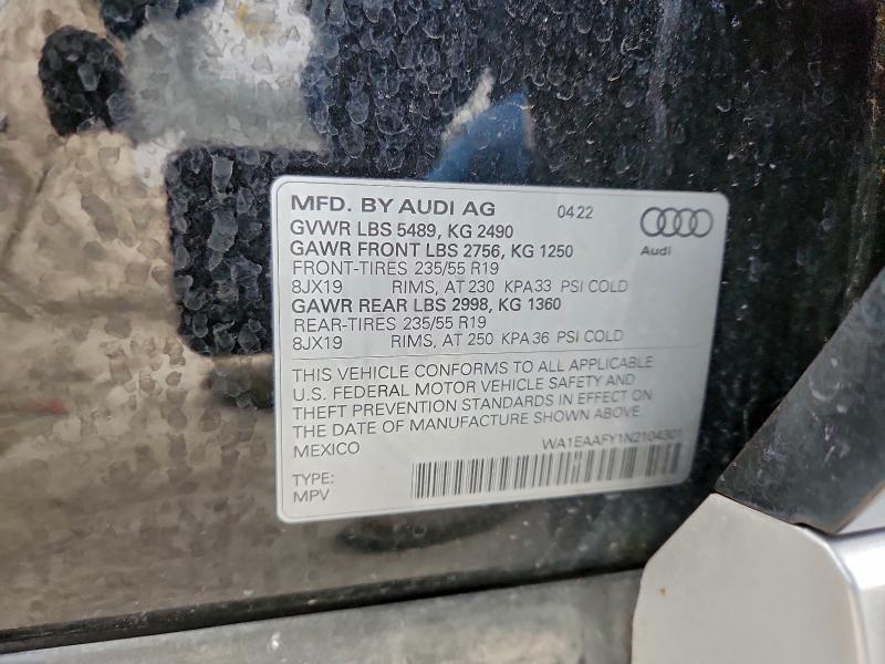 2022 Audi Q5 მანქანა იყიდება აუქციონზე, vin: WA1EAAFY1N2104301, აუქციონის ნომერი: 95766255