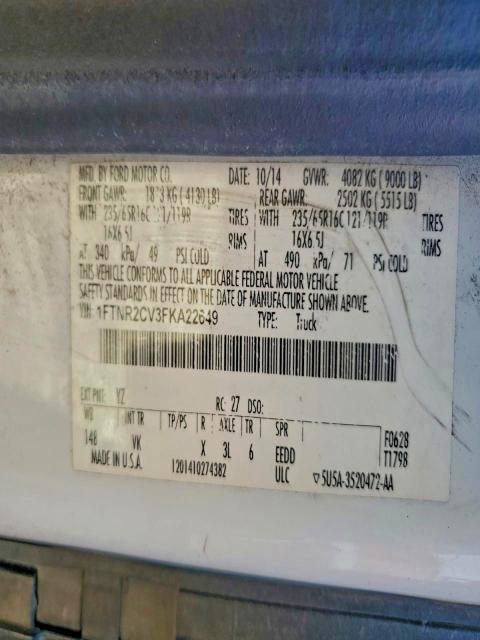 92946225 :رقم المزاد ، 1FTNR2CV3FKA22649 vin ، 2015 Ford Transit مزاد بيع