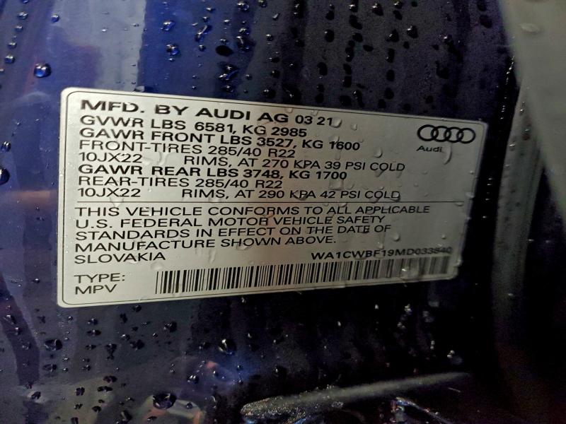 Продаж на аукціоні авто 2021 Audi Sq8, vin: WA1CWBF19MD033840, номер лоту: 93998245