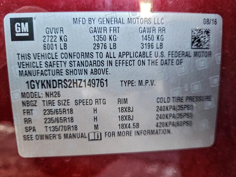 96451935 :رقم المزاد ، 1GYKNDRS2HZ149761 vin ، 2017 Cadillac Xt5 Luxury مزاد بيع