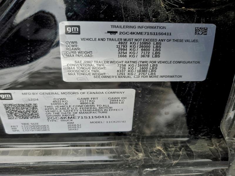 2025 Chevrolet Silverado მანქანა იყიდება აუქციონზე, vin: 2GC4KME71S1150411, აუქციონის ნომერი: 96789785