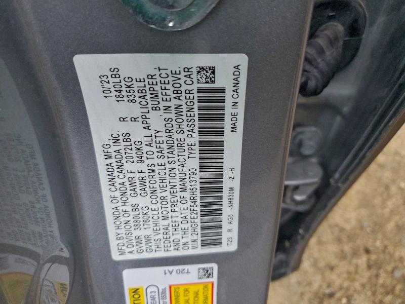 2024 Honda Civic Spor მანქანა იყიდება აუქციონზე, vin: 2HGFE2F54RH513790, აუქციონის ნომერი: 96383655