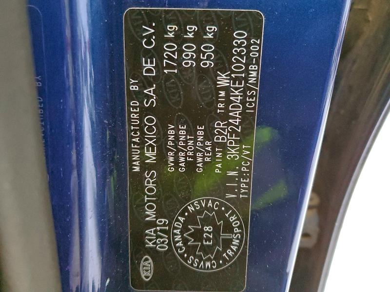 2019 Kia Forte Fe მანქანა იყიდება აუქციონზე, vin: 3KPF24AD4KE102330, აუქციონის ნომერი: 95057665
