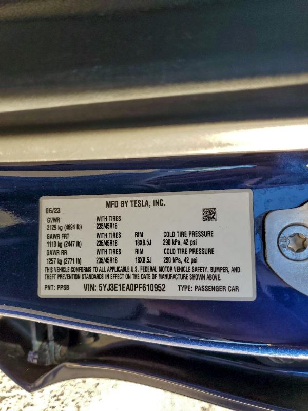 Auction sale of the 2023 Tesla Model 3, vin: 5YJ3E1EA0PF610952, lot number: 95172125