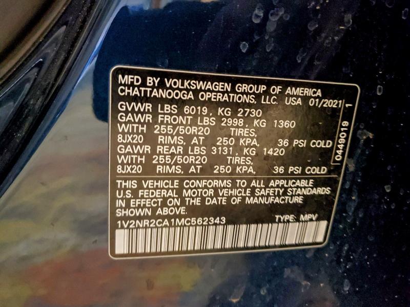 98815275 :رقم المزاد ، 1V2NR2CA1MC562343 vin ، 2021 Volkswagen Atlas Se مزاد بيع