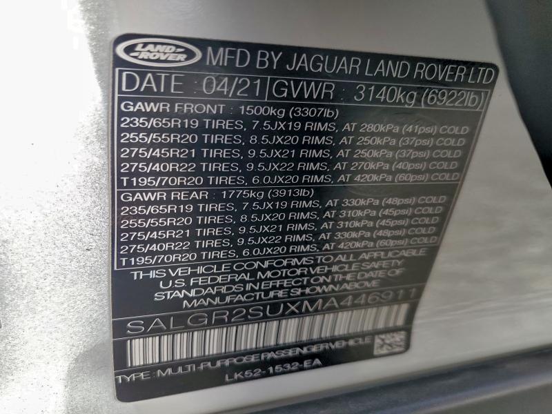 96190155 :رقم المزاد ، SALGR2SUXMA446911 vin ، 2021 Land Rover Range Rover مزاد بيع