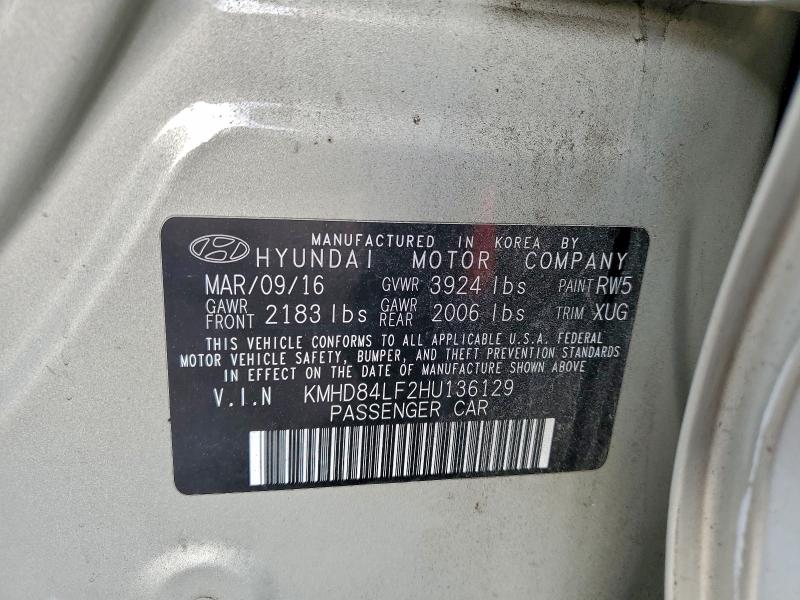 96122425 :رقم المزاد ، KMHD84LF2HU136129 vin ، 2017 Hyundai Elantra مزاد بيع