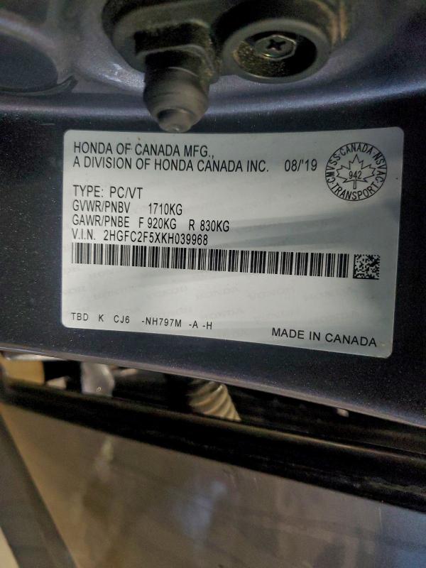 96913105 :رقم المزاد ، 2HGFC2F5XKH039968 vin ، 2019 Honda Civic مزاد بيع