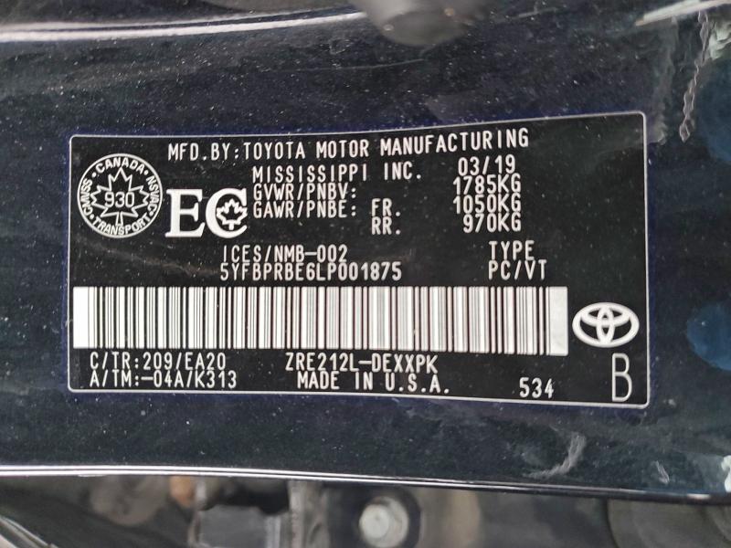 2020 Toyota Corolla მანქანა იყიდება აუქციონზე, vin: 5YFBPRBE6LP001875, აუქციონის ნომერი: 96127405