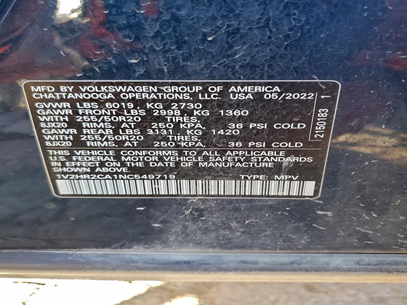 97867045 :رقم المزاد ، 1V2HR2CA1NC549719 vin ، 2022 Volkswagen Atlas مزاد بيع