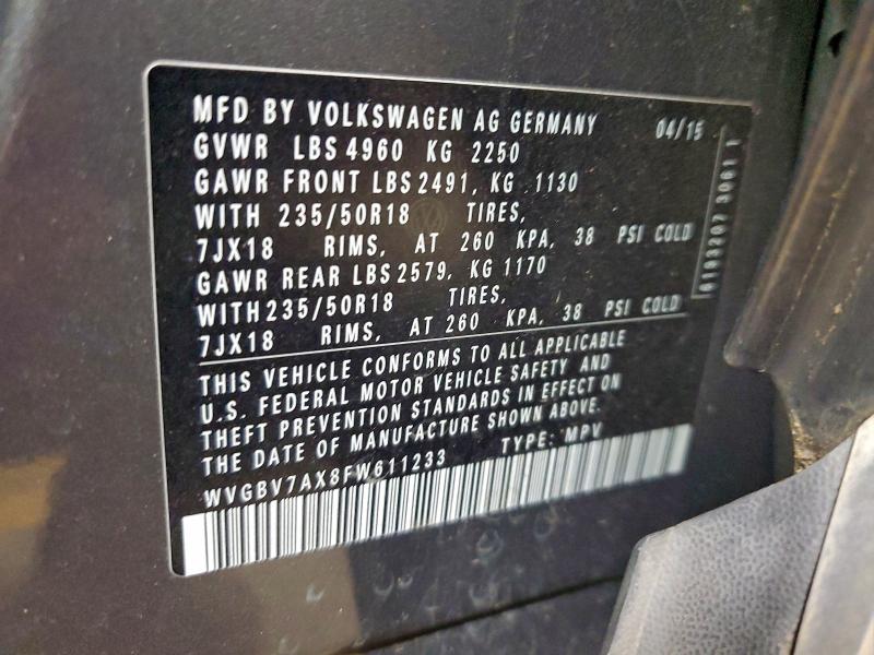Aukcja sprzedaży 2015 Volkswagen Tiguan, vin: WVGBV7AX8FW611233, numer aukcji: 97524745