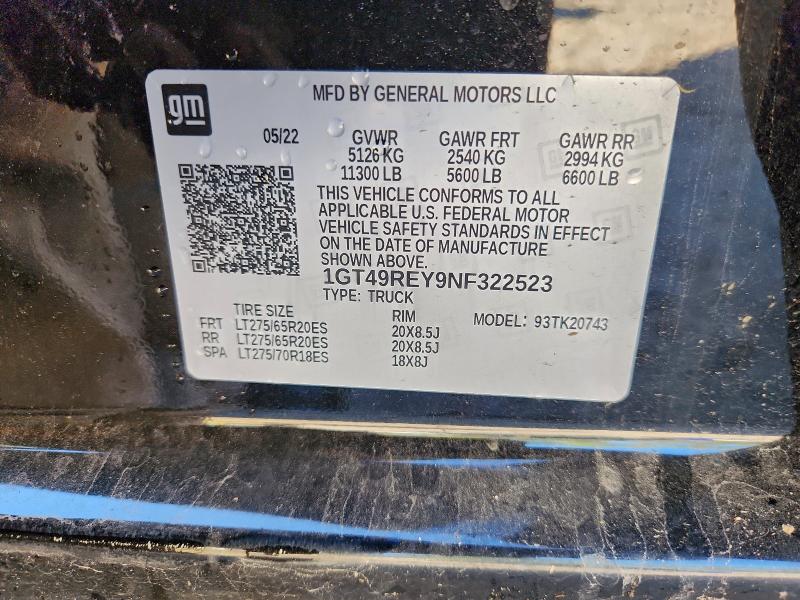 2022 Gmc Sierra მანქანა იყიდება აუქციონზე, vin: 1GT49REY9NF322523, აუქციონის ნომერი: 94538345