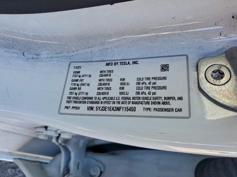 95170725 :رقم المزاد ، 5YJ3E1EA3NF115450 vin ، 2022 Tesla Model 3 مزاد بيع