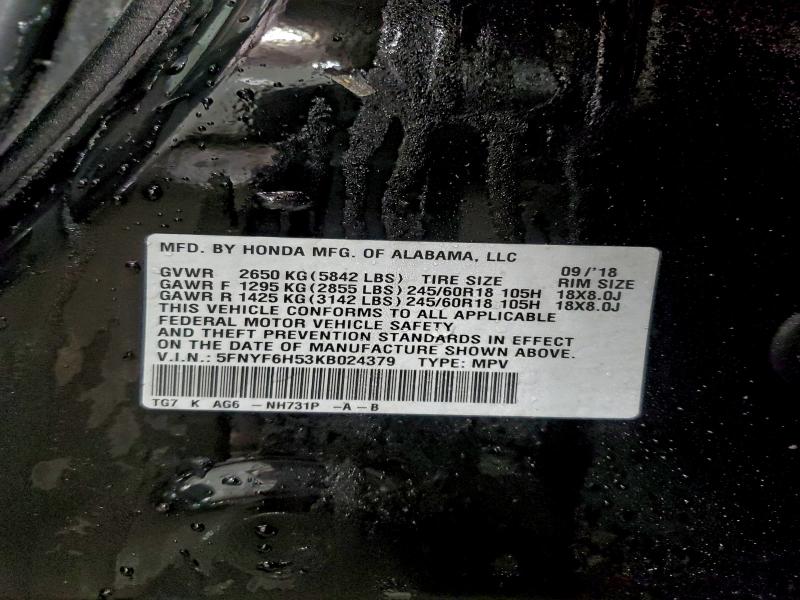 2019 Honda Pilot მანქანა იყიდება აუქციონზე, vin: 5FNYF6H53KB024379, აუქციონის ნომერი: 94785585