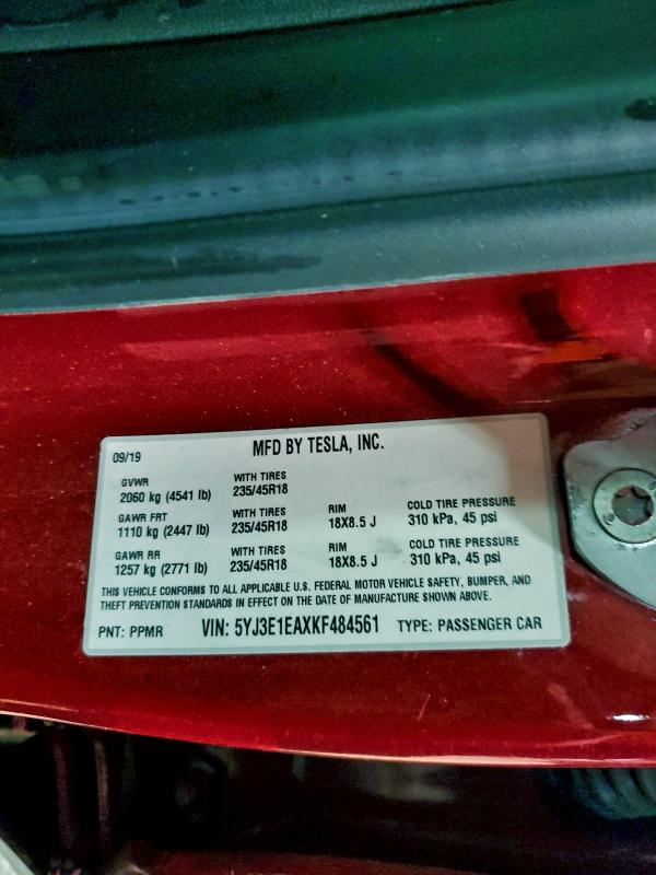 Aukcja sprzedaży 2019 Tesla Model 3, vin: 5YJ3E1EAXKF484561, numer aukcji: 96508975