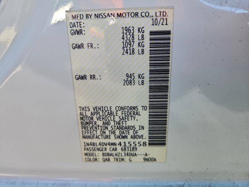 Aukcja sprzedaży 2021 Nissan Altima, vin: 1N4BL4DV4MN415558, numer aukcji: 96065615