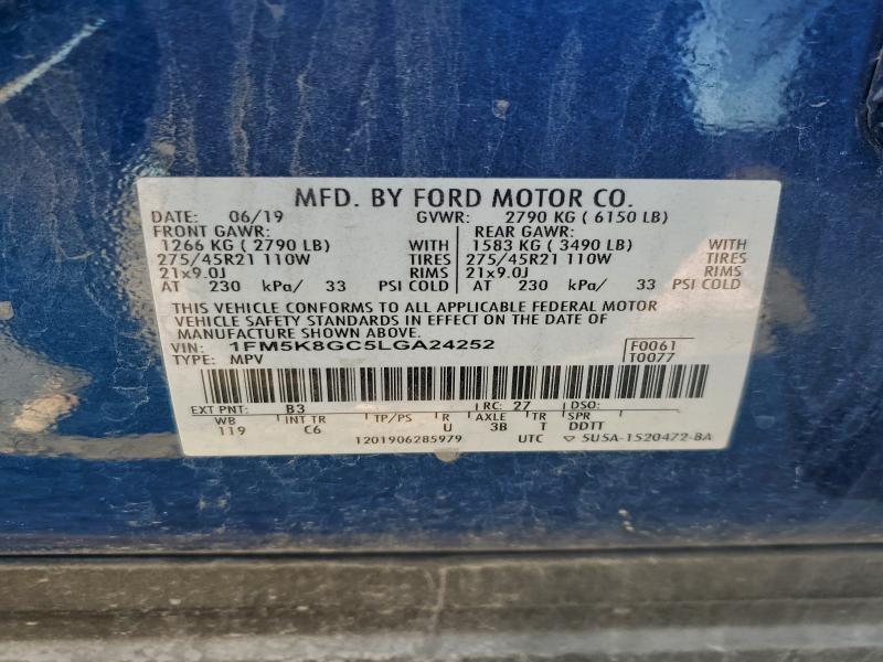 96236125 :رقم المزاد ، 1FM5K8GC5LGA24252 vin ، 2020 Ford Explorer S مزاد بيع