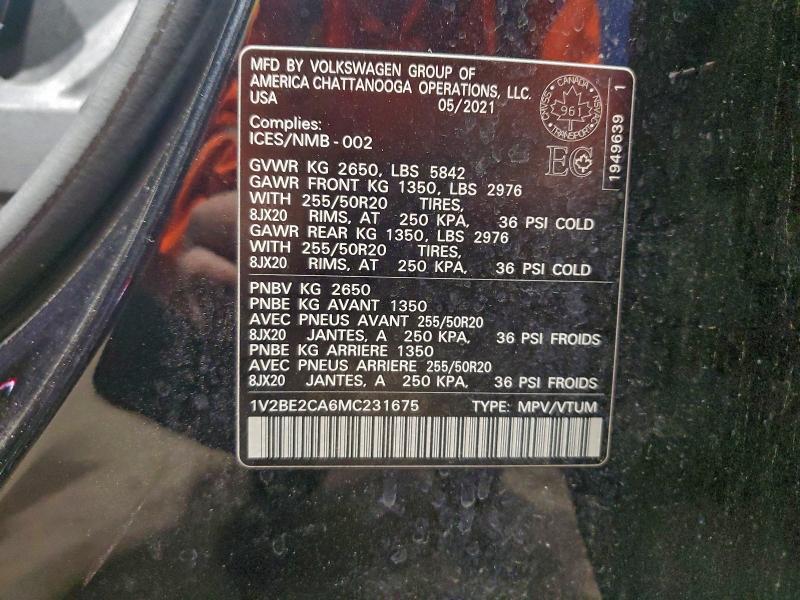 2021 Volkswagen Atlas Cross Sport მანქანა იყიდება აუქციონზე, vin: 1V2BE2CA6MC231675, აუქციონის ნომერი: 97716485