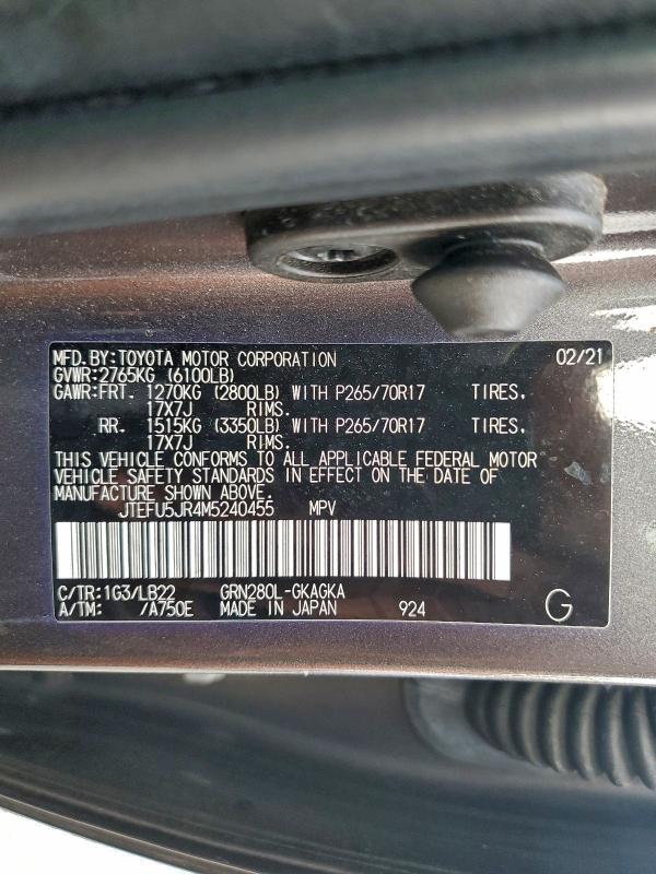 Aukcja sprzedaży 2021 Toyota 4runner Sr, vin: JTEFU5JR4M5240455, numer aukcji: 97796625