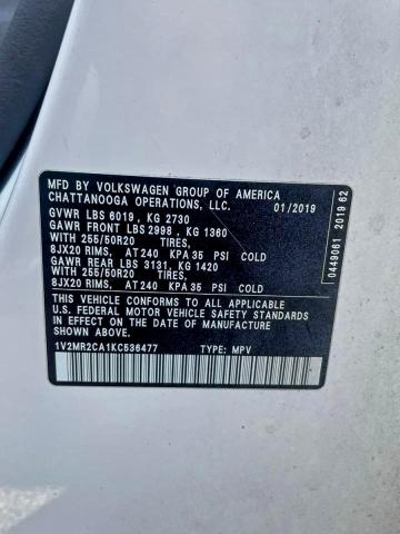 2019 Volkswagen Atlas Sel მანქანა იყიდება აუქციონზე, vin: 1V2MR2CA1KC536477, აუქციონის ნომერი: 98930825
