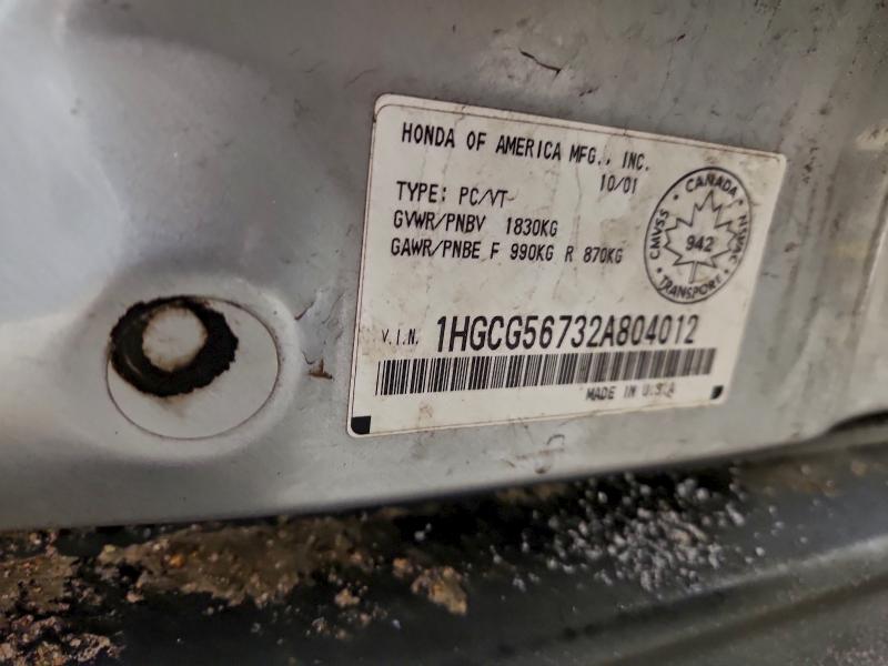 Aukcja sprzedaży 2002 Honda Accord, vin: 1HGCG56732A804012, numer aukcji: 95959215