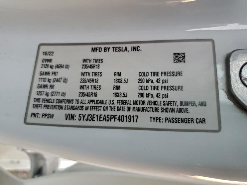 Aukcja sprzedaży 2023 Tesla Model 3, vin: 5YJ3E1EA5PF401917, numer aukcji: 96112275