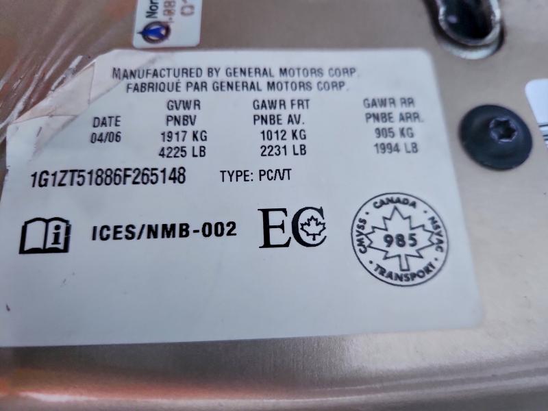 95258115 :رقم المزاد ، 1G1ZT51886F265148 vin ، 2006 Chevrolet Malibu مزاد بيع