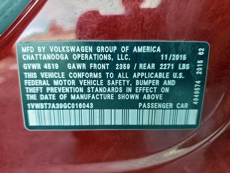 97237395 :رقم المزاد ، 1VWBT7A39GC016043 vin ، 2016 Volkswagen Passat مزاد بيع