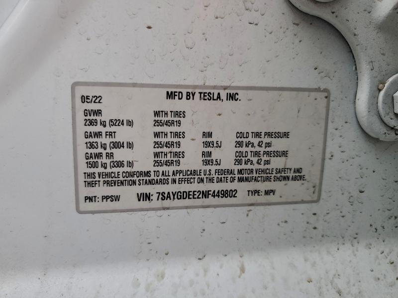 95734375 :رقم المزاد ، 7SAYGDEE2NF449802 vin ، 2022 Tesla Model Y مزاد بيع