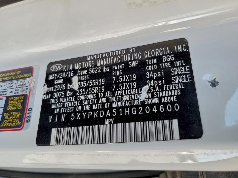95107685 :رقم المزاد ، 5XYPKDA51HG204600 vin ، 2017 Kia Sorento مزاد بيع