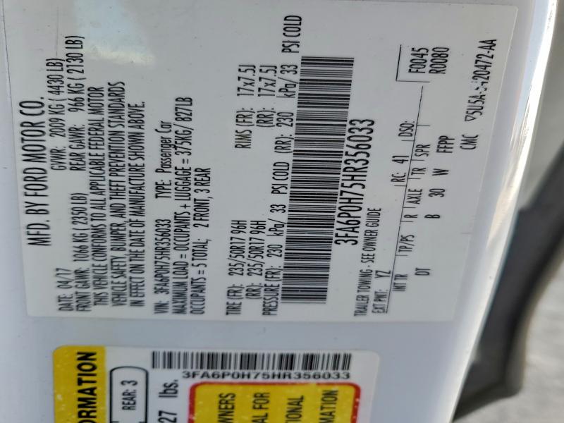 2017 Ford Fusion მანქანა იყიდება აუქციონზე, vin: 3FA6P0H75HR356033, აუქციონის ნომერი: 96389835