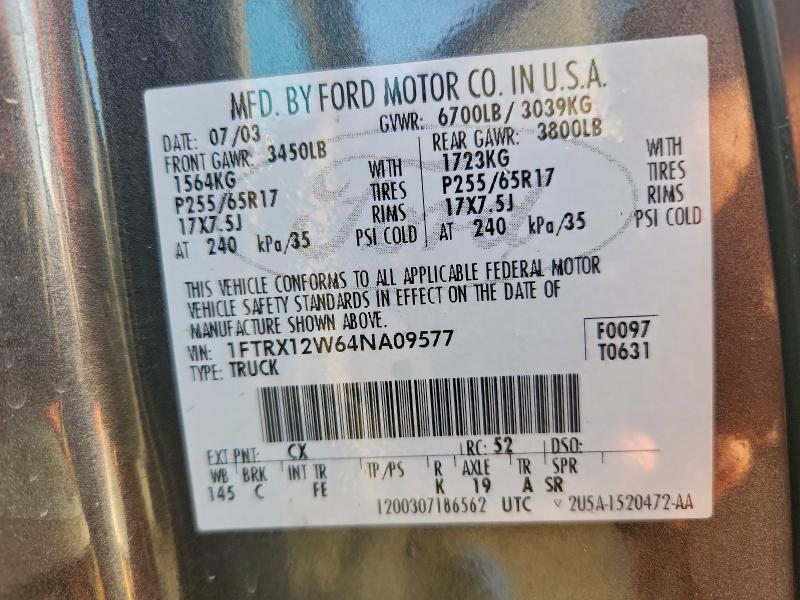 2004 Ford F150 მანქანა იყიდება აუქციონზე, vin: 1FTRX12W64NA09577, აუქციონის ნომერი: 97152235