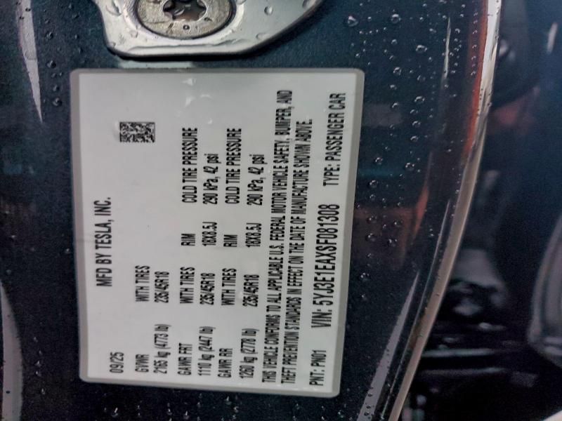 2025 Tesla Model 3 მანქანა იყიდება აუქციონზე, vin: 5YJ3E1EAXSF081308, აუქციონის ნომერი: 95943515