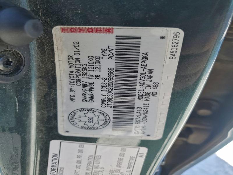 95289875 :رقم المزاد ، JTDBE30K220069966 vin ، 2002 Toyota Camry مزاد بيع