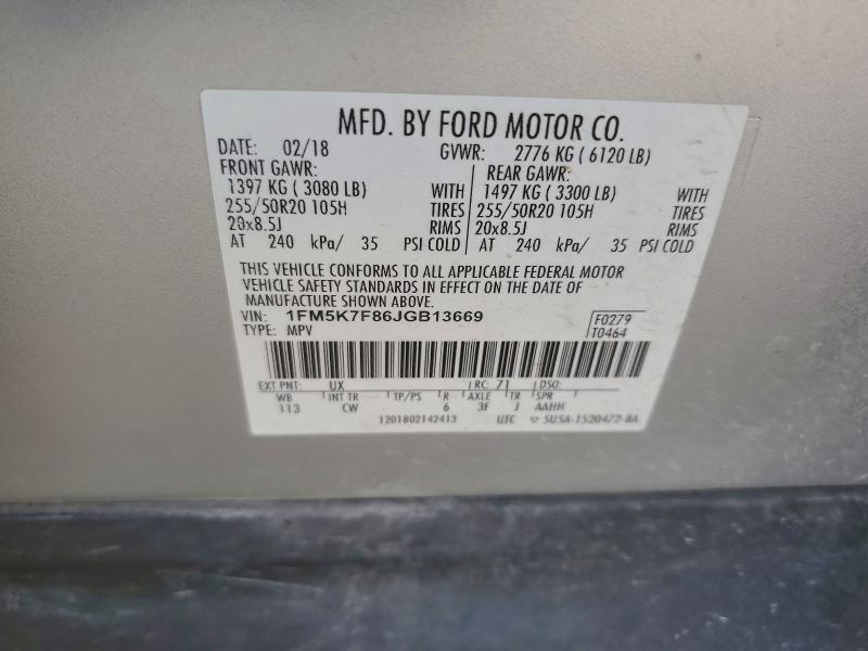 97583525 :رقم المزاد ، 1FM5K7F86JGB13669 vin ، 2018 Ford Explorer L مزاد بيع