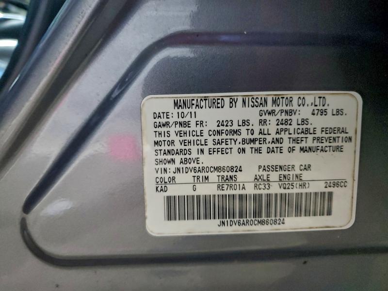95495955 :رقم المزاد ، JN1DV6AR0CM860824 vin ، 2012 Infiniti G25 مزاد بيع