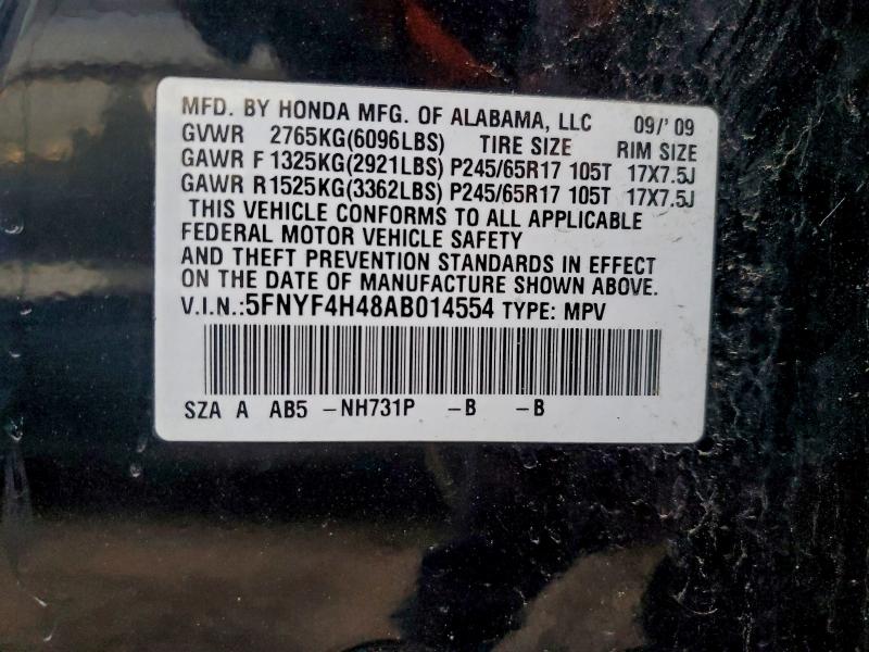96744155 :رقم المزاد ، 5FNYF4H48AB014554 vin ، 2010 Honda Pilot Ex مزاد بيع