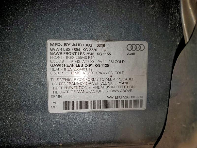 2016 Audi Q3 მანქანა იყიდება აუქციონზე, vin: WA1EFCFS2GR019213, აუქციონის ნომერი: 95923435