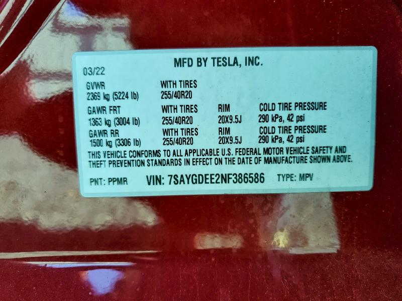2022 Tesla Model Y მანქანა იყიდება აუქციონზე, vin: 7SAYGDEE2NF386586, აუქციონის ნომერი: 94937105