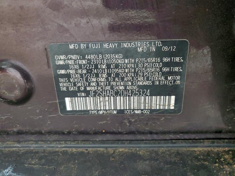 2013 Subaru Forester მანქანა იყიდება აუქციონზე, vin: JF2SHABC2DH425324, აუქციონის ნომერი: 95845755