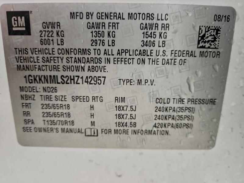 95139955 :رقم المزاد ، 1GKKNMLS2HZ142957 vin ، 2017 Gmc Acadia مزاد بيع