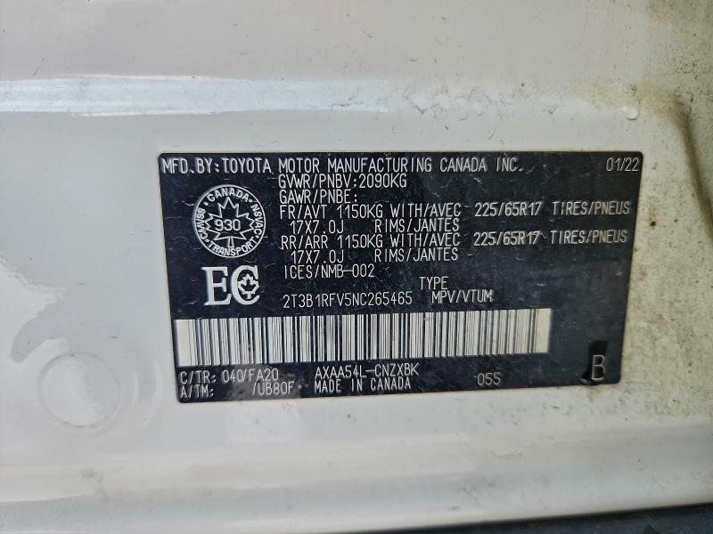 Aukcja sprzedaży 2022 Toyota Rav4 Le, vin: 2T3B1RFV5NC265465, numer aukcji: 97179685