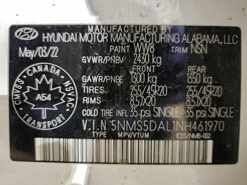 2022 Hyundai Santa Fe მანქანა იყიდება აუქციონზე, vin: 5NMS5DAL1NH461970, აუქციონის ნომერი: 96678605