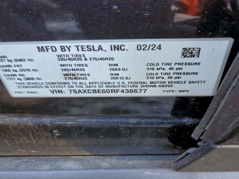 96998405 :رقم المزاد ، 7SAXCBE60RF438677 vin ، 2024 Tesla X مزاد بيع
