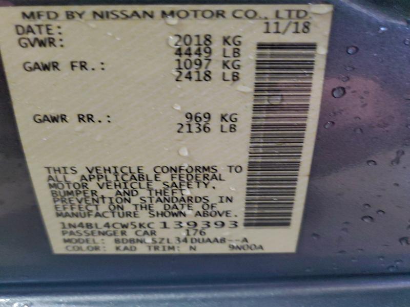 Aukcja sprzedaży 2019 Nissan Altima, vin: 1N4BL4CW5KC139393, numer aukcji: 96687855