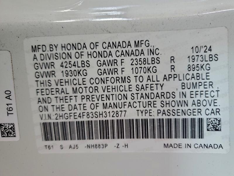 2025 Honda Civic მანქანა იყიდება აუქციონზე, vin: 2HGFE4F83SH312877, აუქციონის ნომერი: 95447375