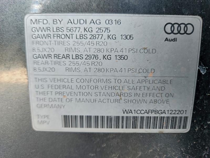 Aukcja sprzedaży 2016 Audi Sq5, vin: WA1CCAFP8GA122201, numer aukcji: 96227245