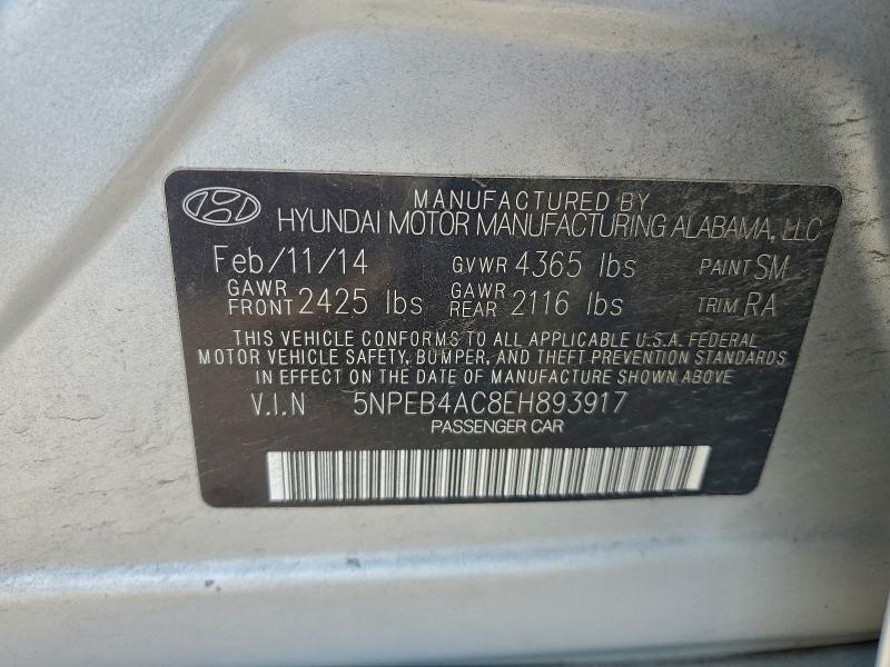 2014 Hyundai Sonata მანქანა იყიდება აუქციონზე, vin: 5NPEB4AC8EH893917, აუქციონის ნომერი: 96812625