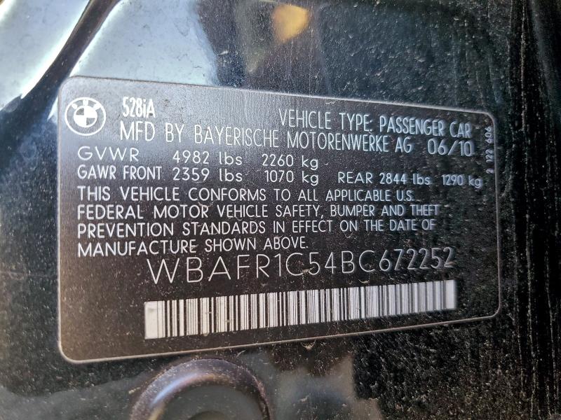 2011 Bmw 528 მანქანა იყიდება აუქციონზე, vin: WBAFR1C54BC672252, აუქციონის ნომერი: 93190555