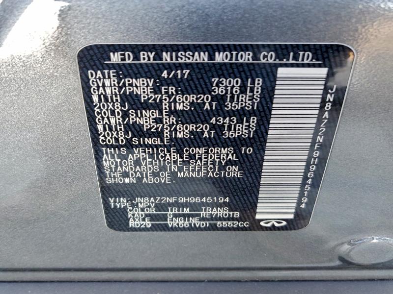 Aukcja sprzedaży 2017 Infiniti Qx80, vin: JN8AZ2NF9H9645194, numer aukcji: 95395765